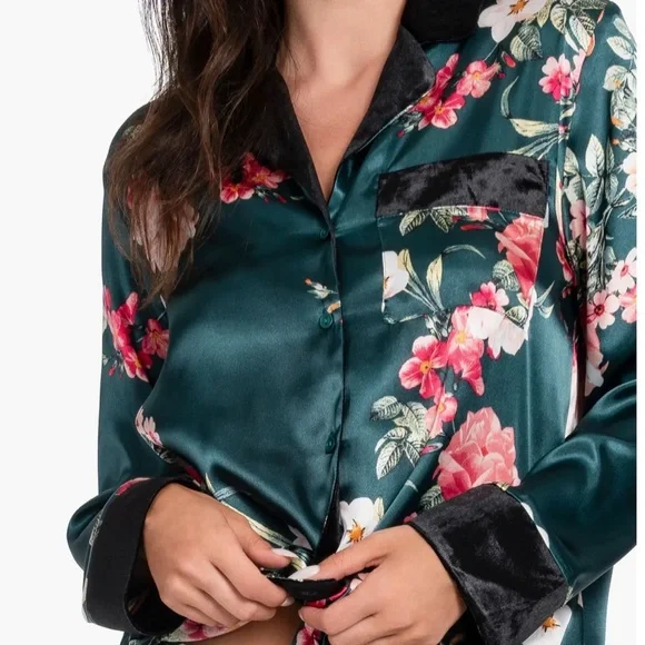 Floral Satin Pajama Set - Green - Picture 3 of 3